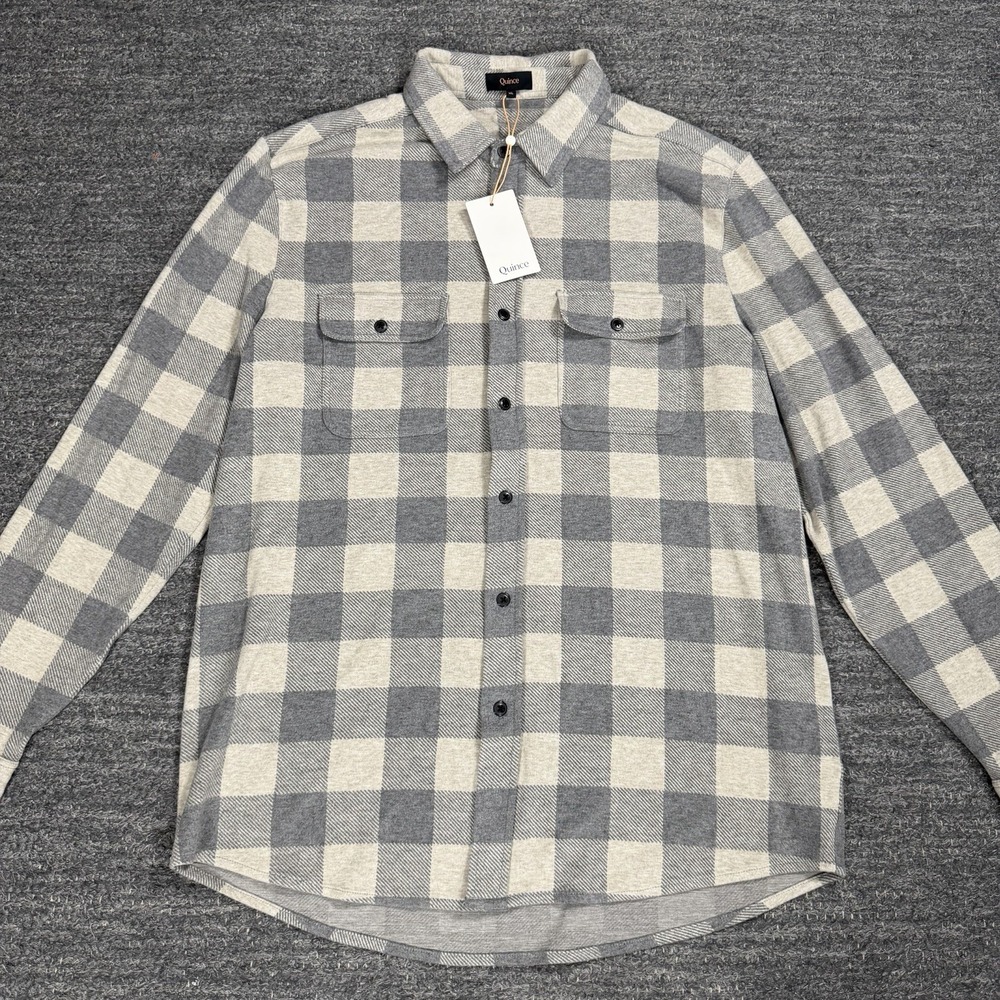 Quince Stretch Sweater Fleece Shirt Men XL Taupe Buffalo Plaid Soft Flannel NEW